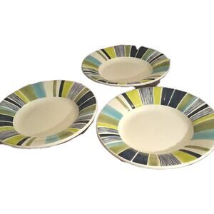 Pottery Barn Sausalito 12” Pasta Bowls/plates Set Of 3 Multicolor Stripe